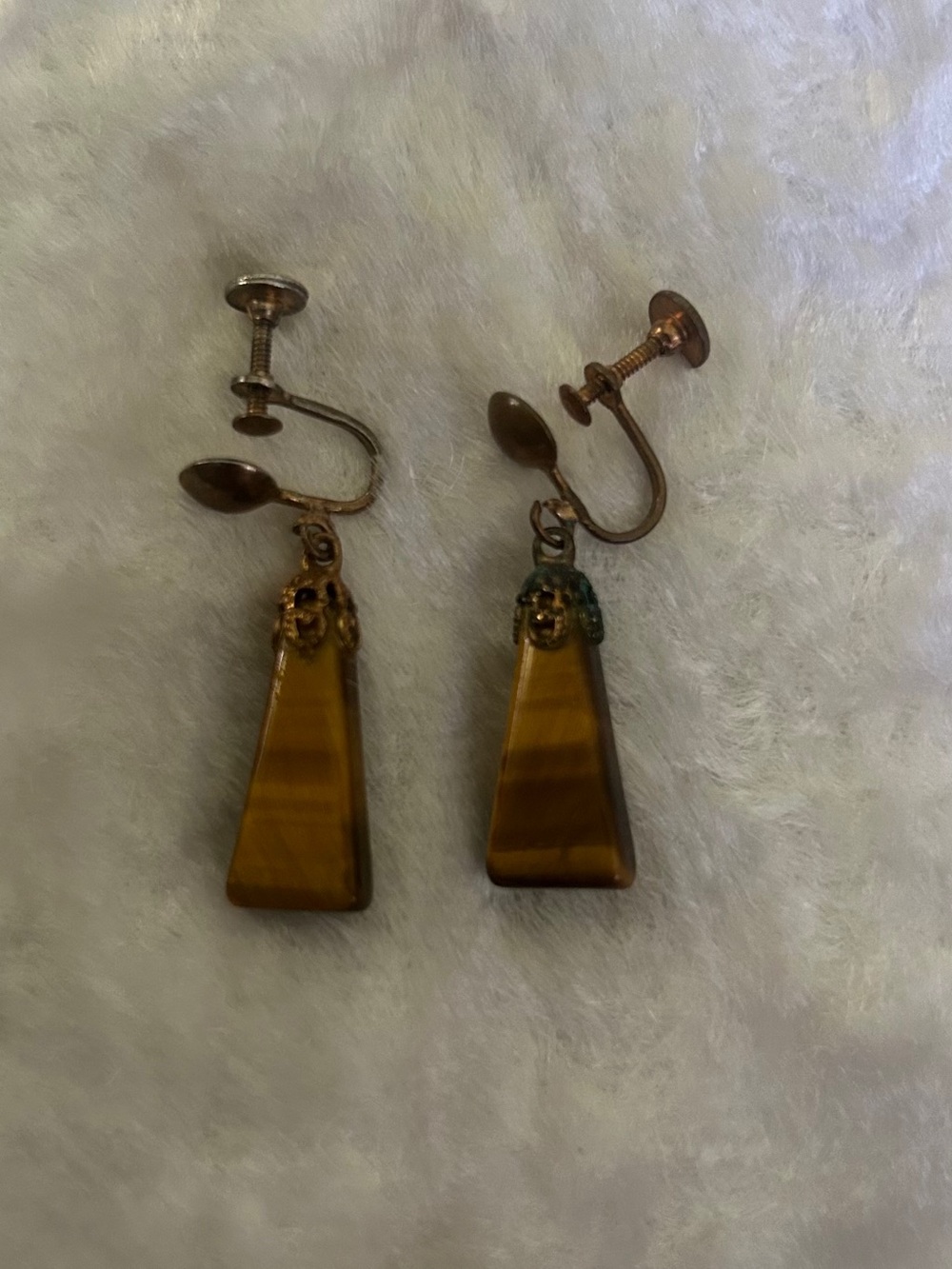 🍀VTG Brown Tiger's Eye Drop Clip-On Earrings